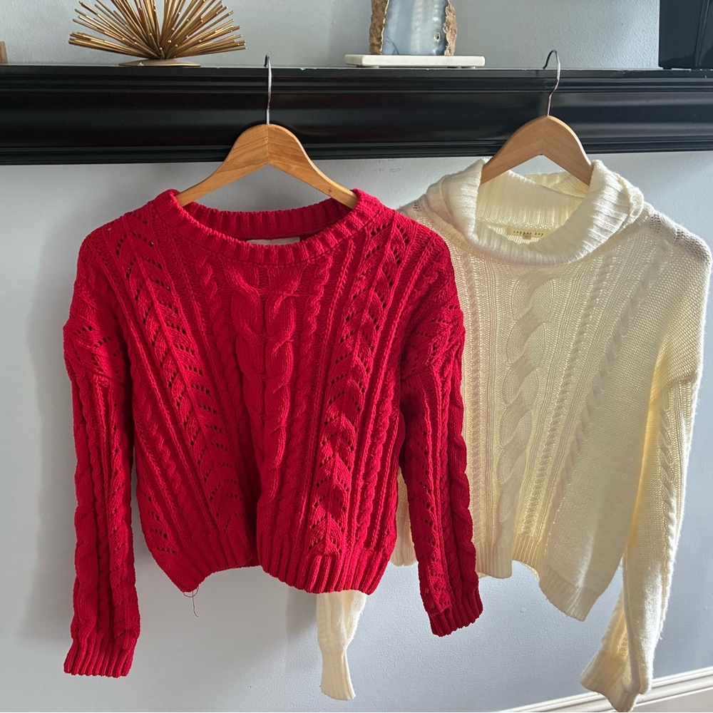 Lot of 2 sweaters- Pink Rose Red Cable Knit & Copper Key Cozy Pullover